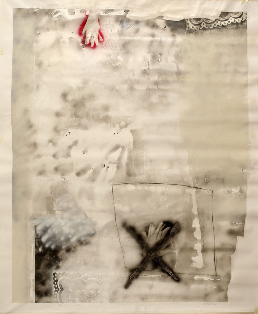“Adieu A. Tàpies” (“Goodbye, A. Tàpies”), acrylic, spray, graphite and coloured pencils on unstretched canvas, 70.9 x 82.7 inches, 2012