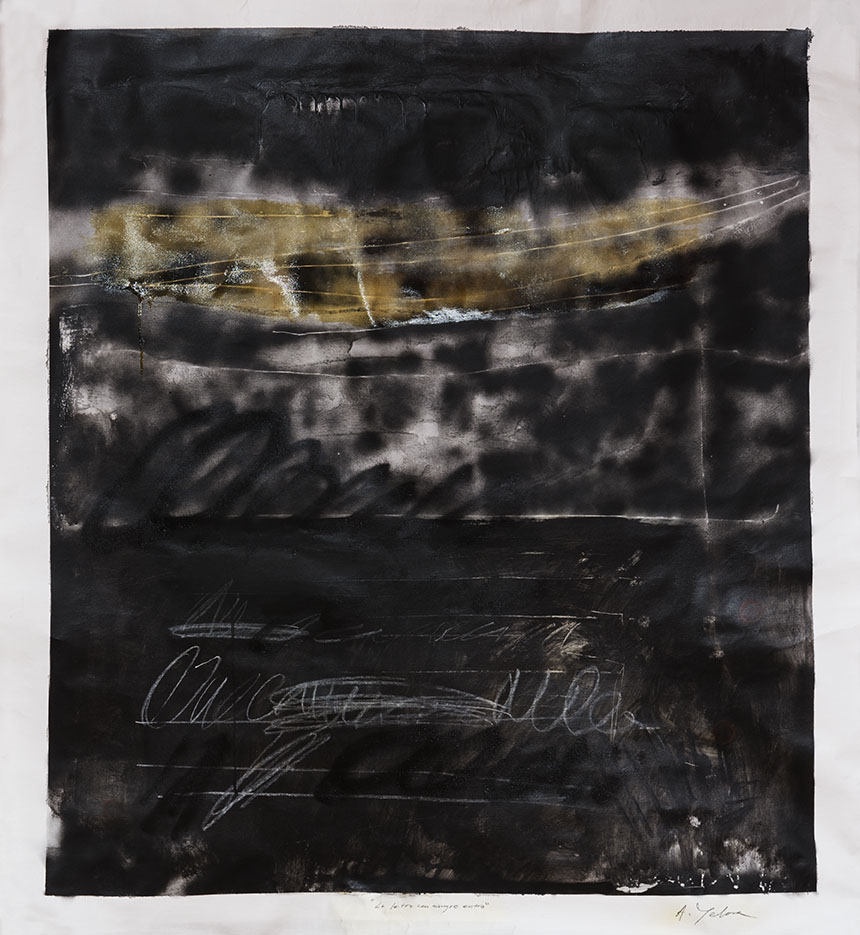 “La letra con sangre entra” acrílico, aerosol, barniz y lápiz blanco sobre tela sin bastidor, 160 x 180 cm, 2016
