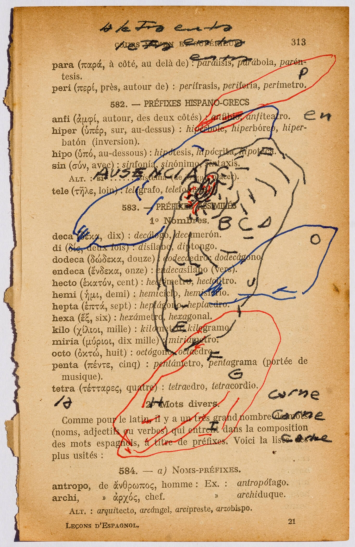 «La letra se hace carne II, leçons d’espagnol», tintas de color sobre hoja de libro antiguo de gramática castellana en francés, 12,7 x 18 cm, 2020