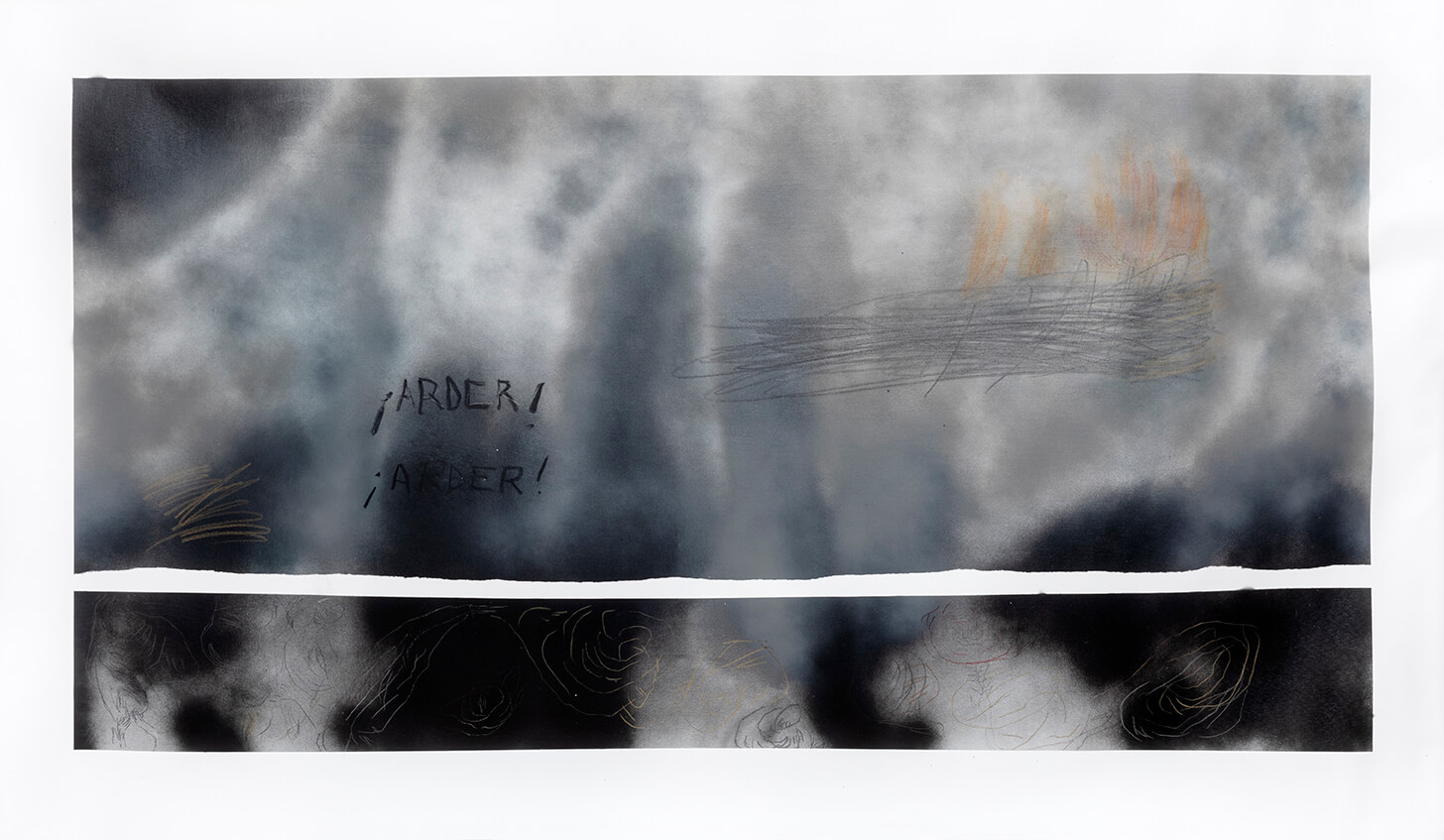 “Brûler de l’intérieur”, aérosol, acrylique, fusain, crayons de couleur et graffite sur toile 1,95 x 1,40 cm, 2021