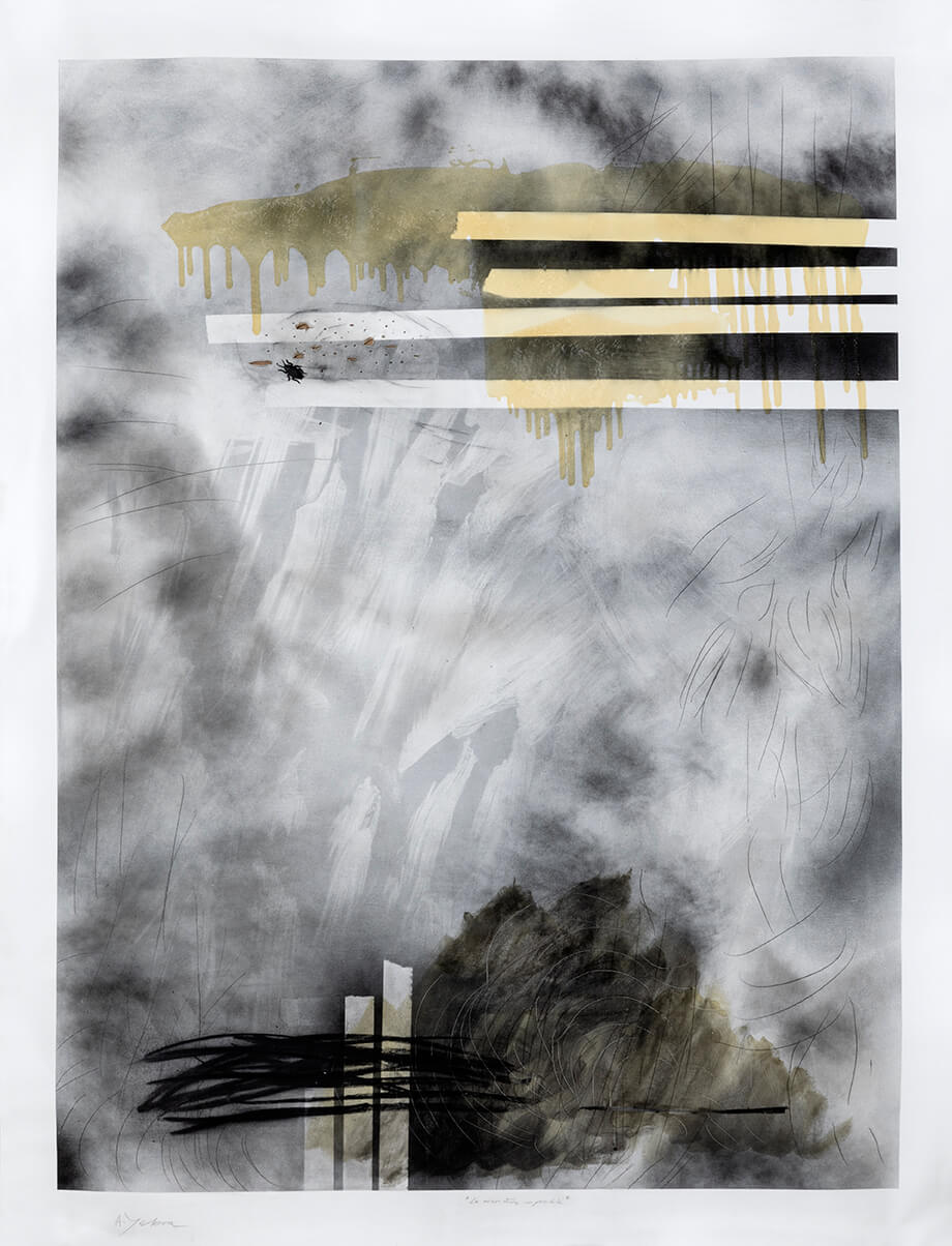 S/T acrílico, aerosol, carbón, grafito y barniz sobre tela, 160 x 210 cm, 2020