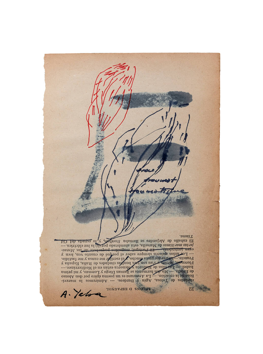 «Trou», tintas de color sobre hoja de libro antiguo de gramática castellana en francés, 12,7 x 18, 2020
